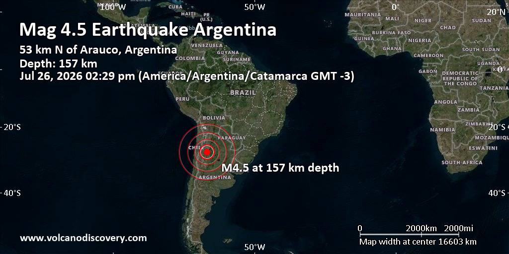 Sismo de magnitud 4.5 al norte de Arauco este domingo 26 de julio